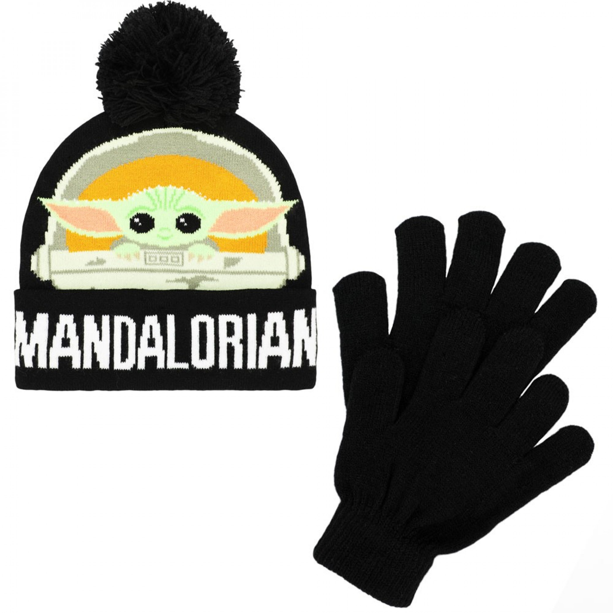 Star Wars The Mandalorian The Child Youth Cuff Pom Beanie & Gloves 2-Piece Winter Combo